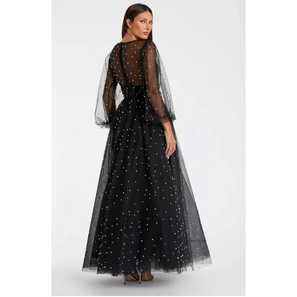 Mac Duggal Black Long Sheer Sleeve Draped Pearl Beaded Gown, Sz 12, NWT - Picture 4 of 8